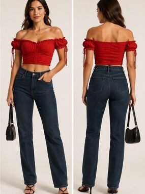 Windsor Red Ruched Off-Shoulder Mesh Crop Top Small